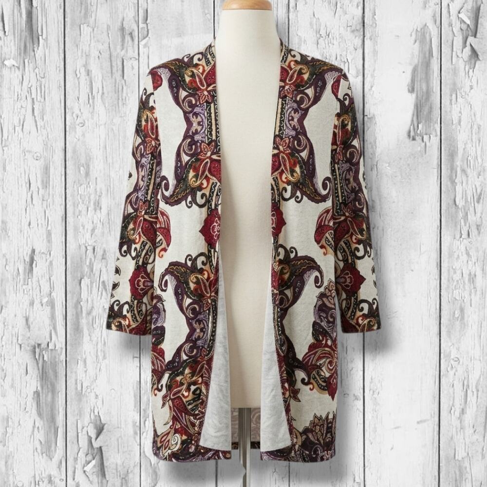 Chico's women's petites Paisley Open-Front Knit Duster Cardigan - small P (0P)